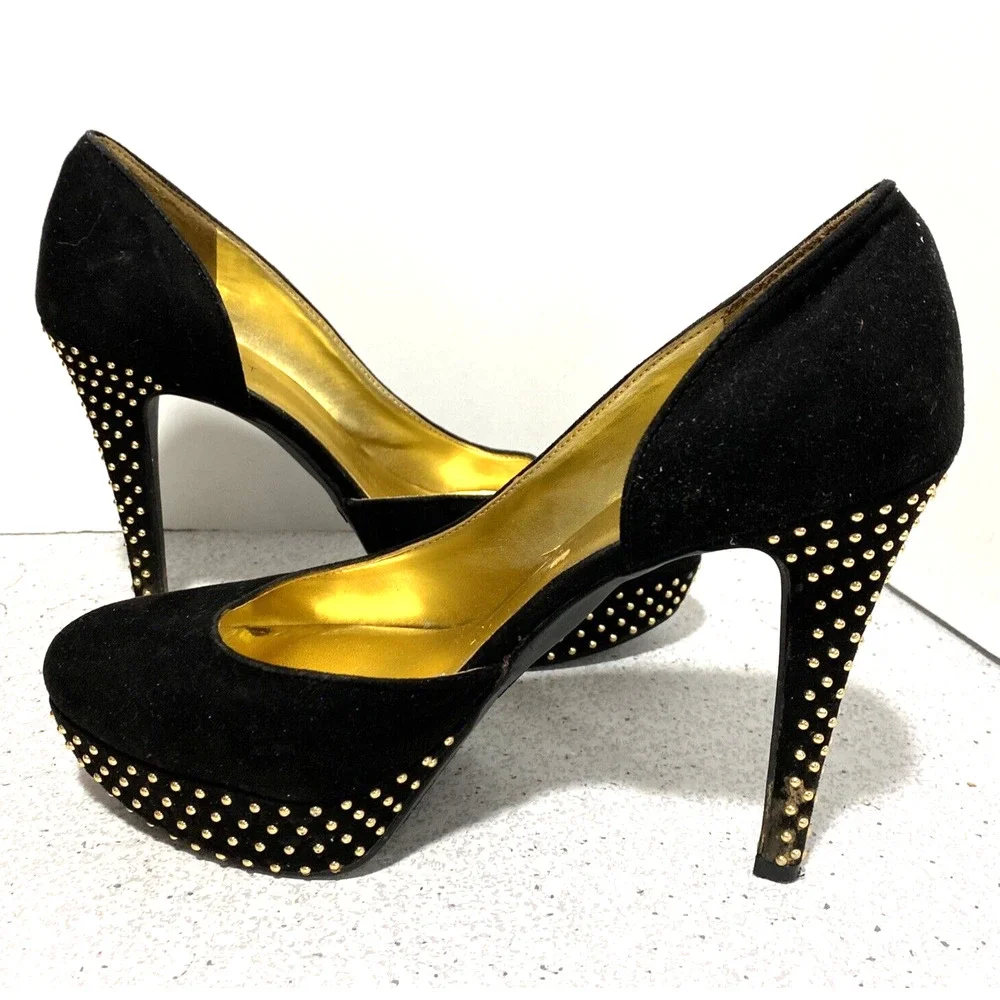 Nine West Gig high heel platform pumps black faux suede & gold studs US size 8M